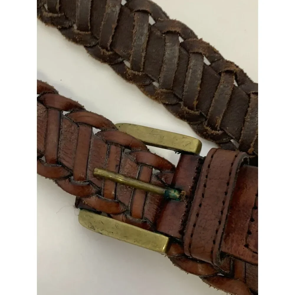 Vintage Mens Brass Buckle Woven Chain Leather‎ Belt Size M/L Made in India